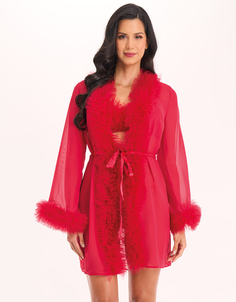 Red Bra Set And Short Robe