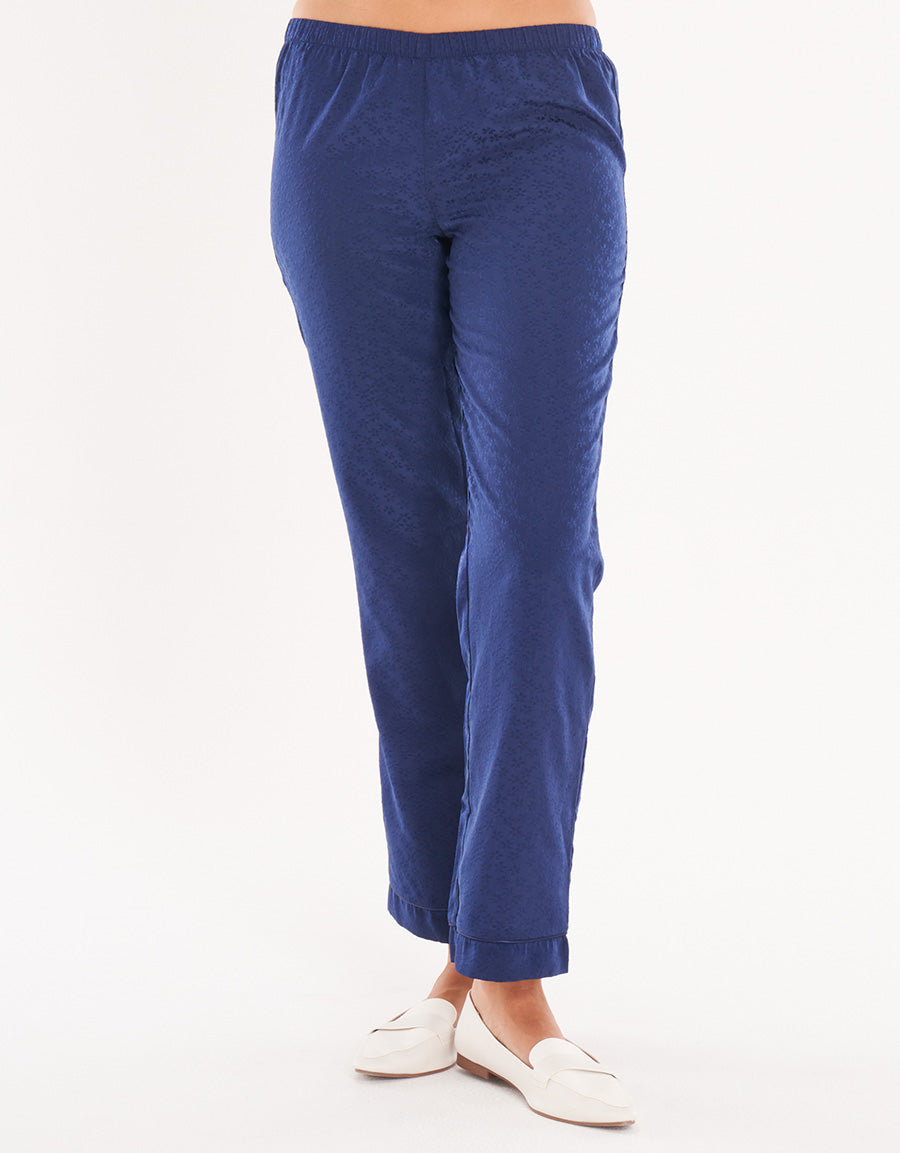 Satin Blue Long-Pants Short-Sleeve Pajama Set