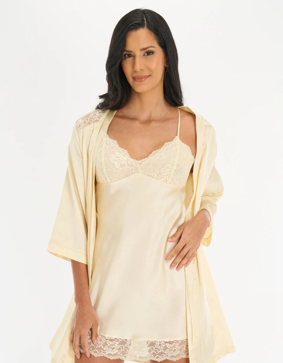 Lace-Trim Jacquard Satin Short Dress Set