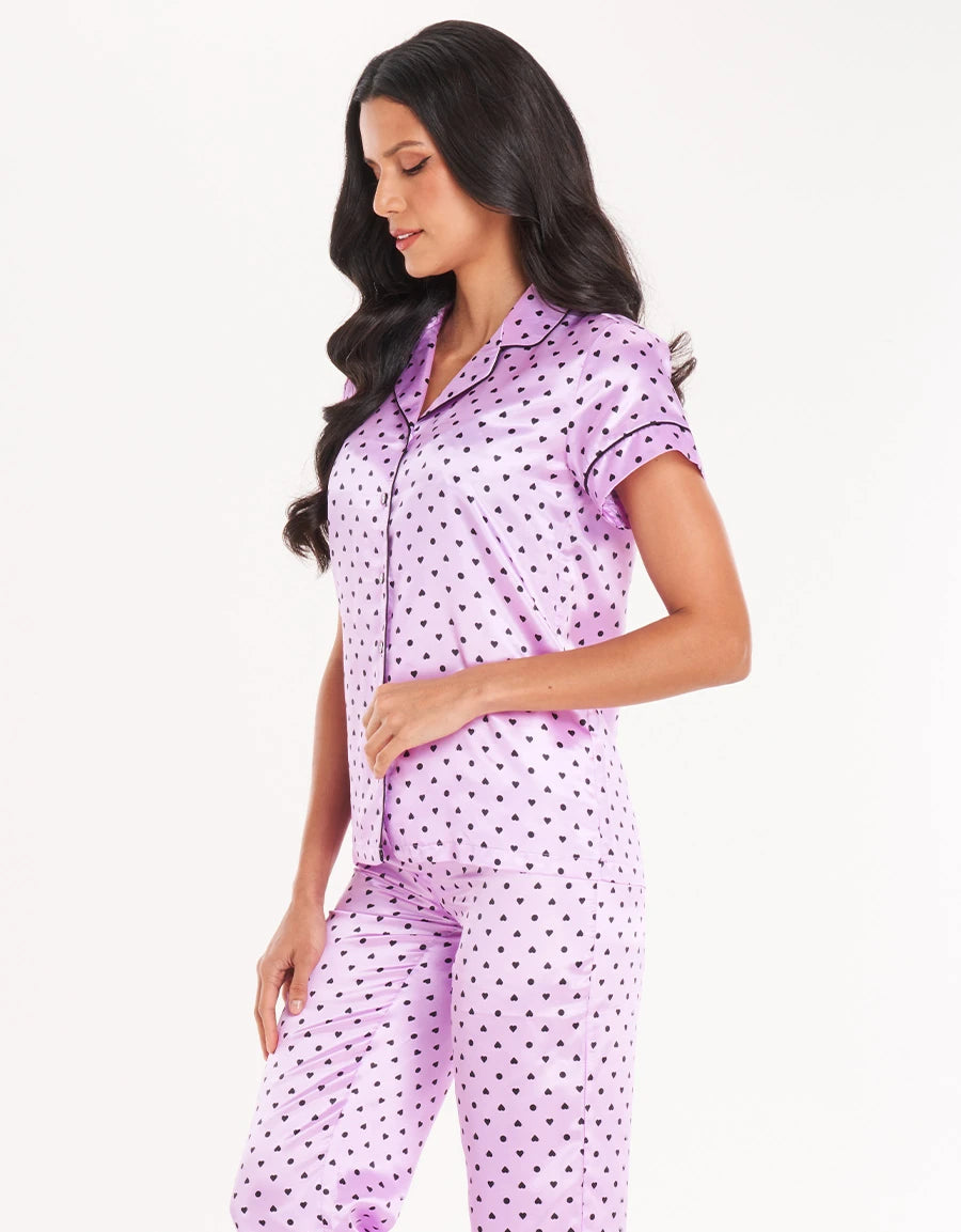 Heart Print Satin Pajama Set