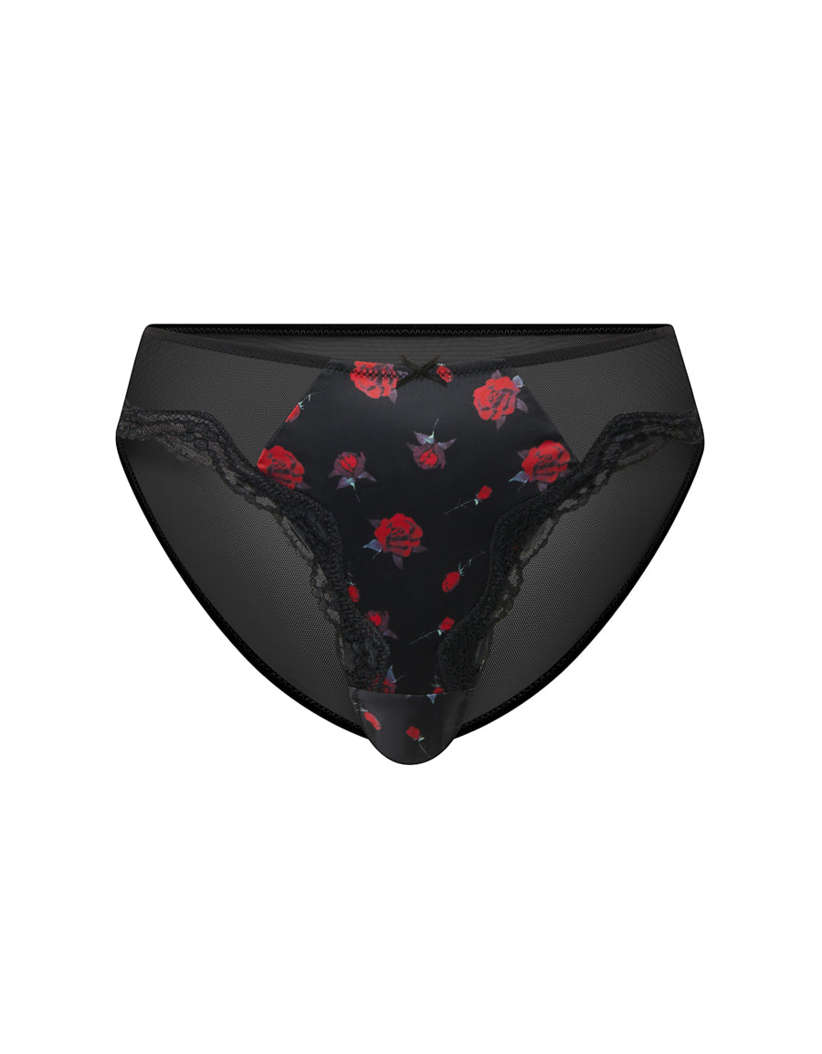 Floral Satin Brazilian Panty with Lace