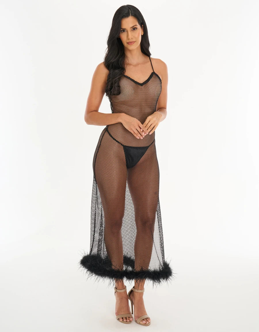 Feather-Trim Sheer Long Nightdress