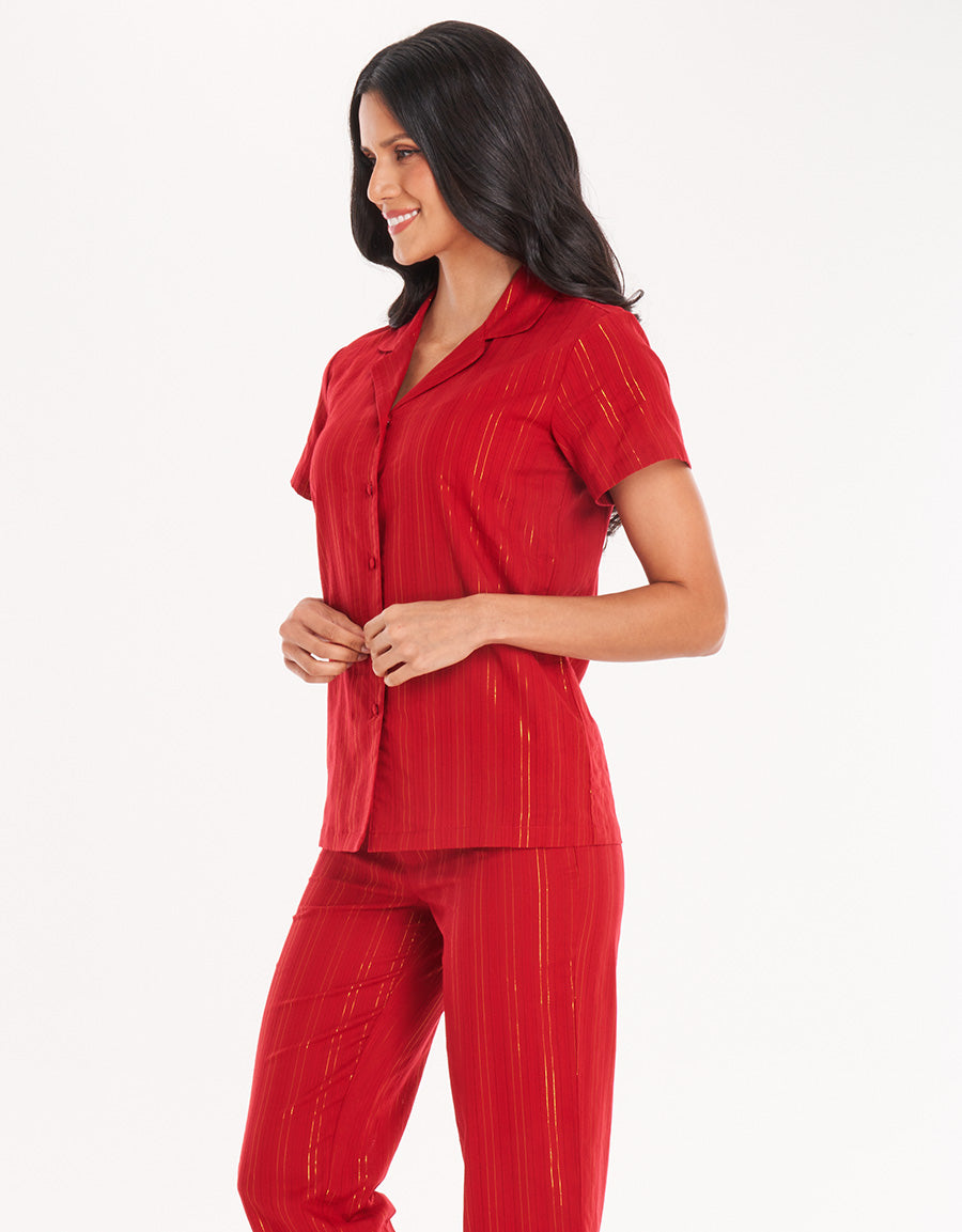 Red Woven Short-Sleeve Long Pajama Set