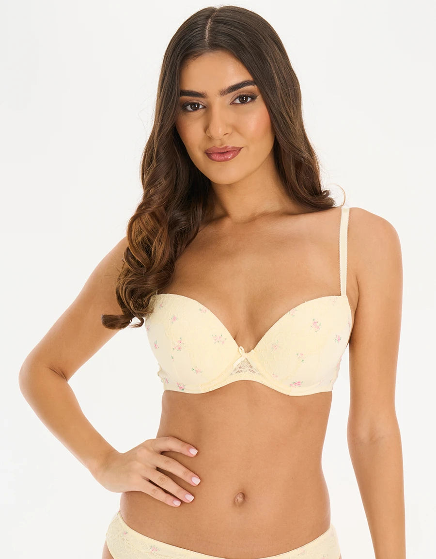 Lace-Trim Floral Print Plunge Bra
