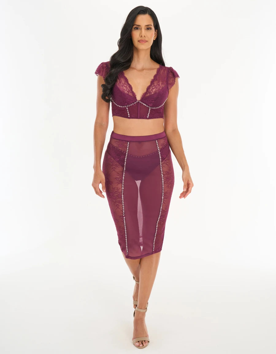 Diamante Detail Lace Sheer Long Skirt Set