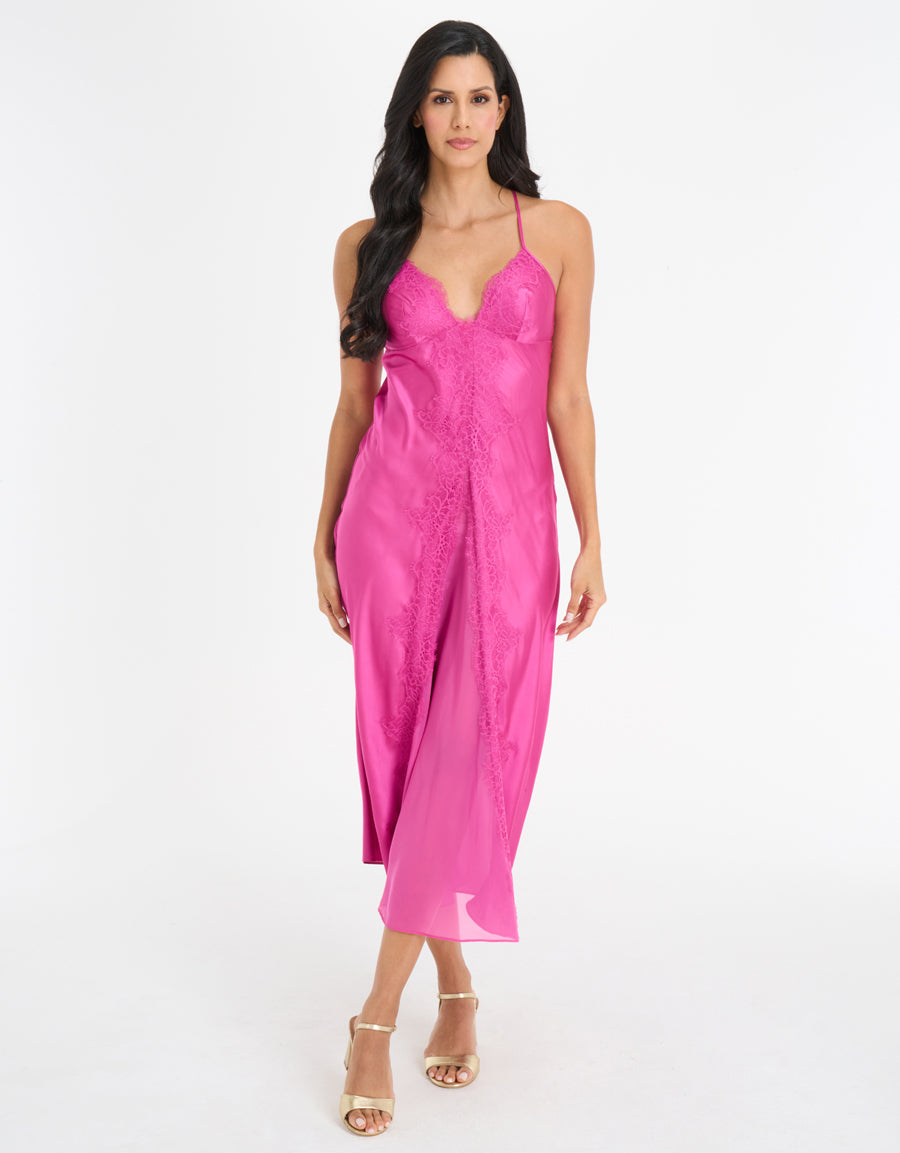 Lace-Trim Satin Long Dress