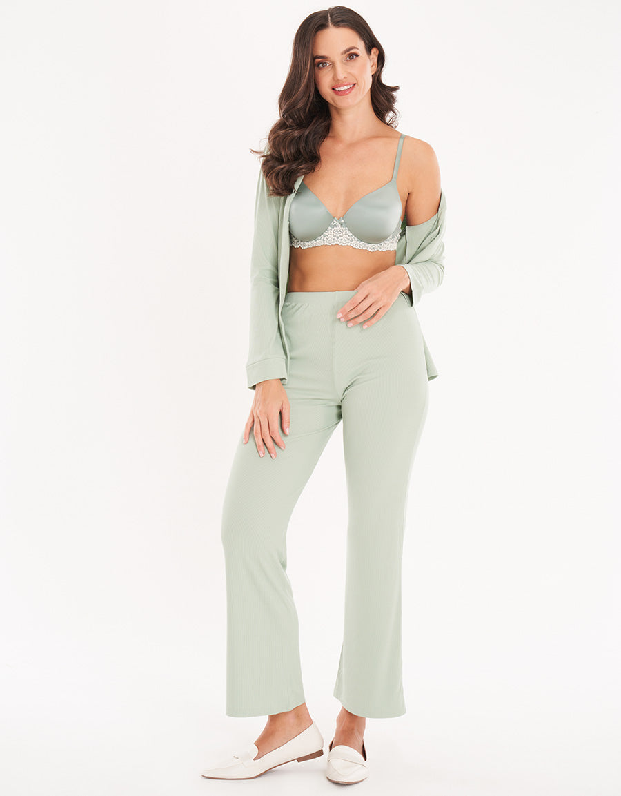 Light Green Woven Short-Sleeve Long Pajama Set