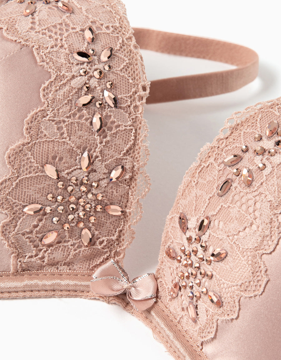 Sparkle Lace-Trim Satin Plunge Bra