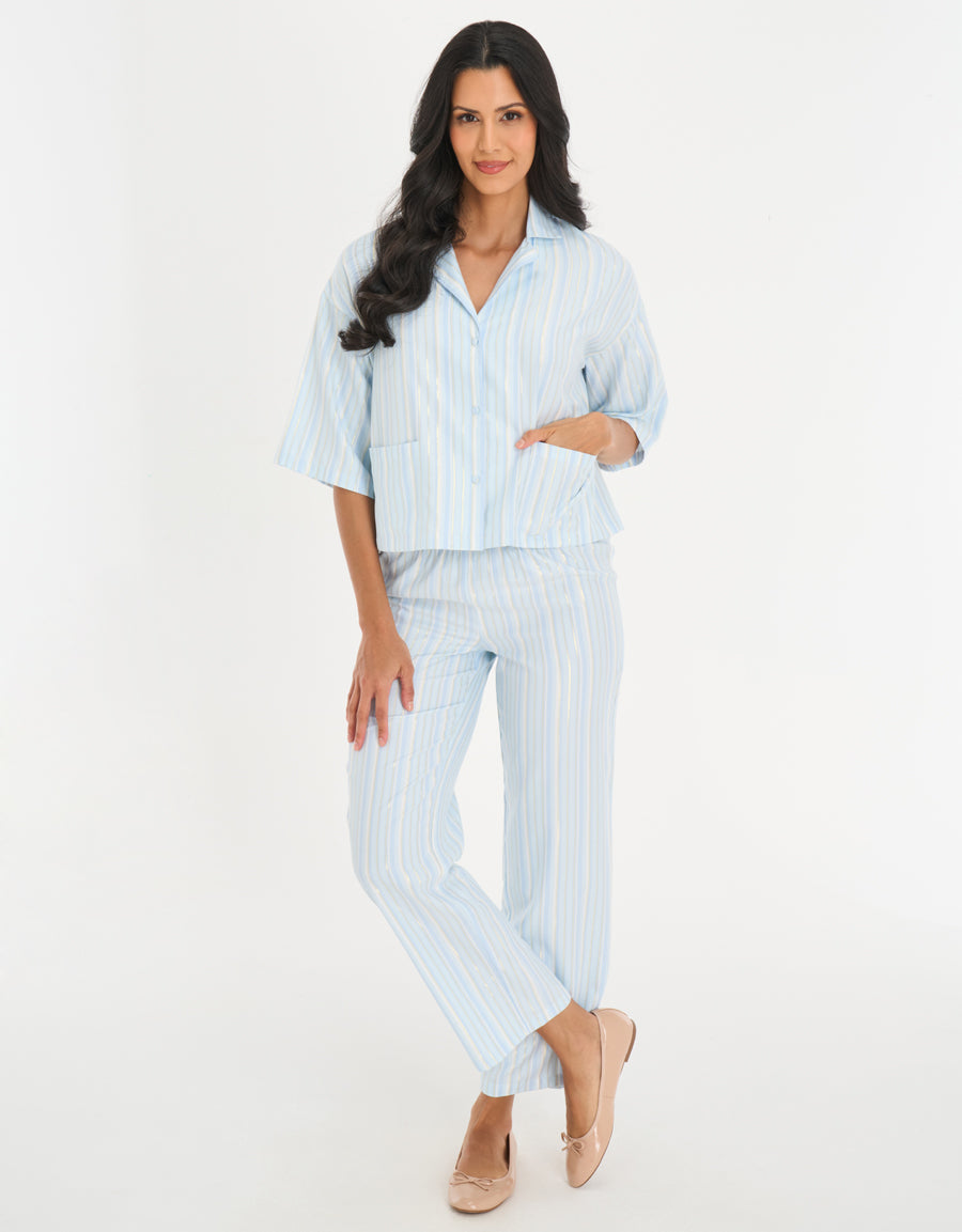 Midi-Sleeve Shirt with Pants Pajama Set in Blue