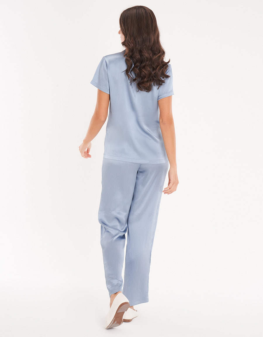 Blue Satin Short-Sleeve Long Pink Pajama Set