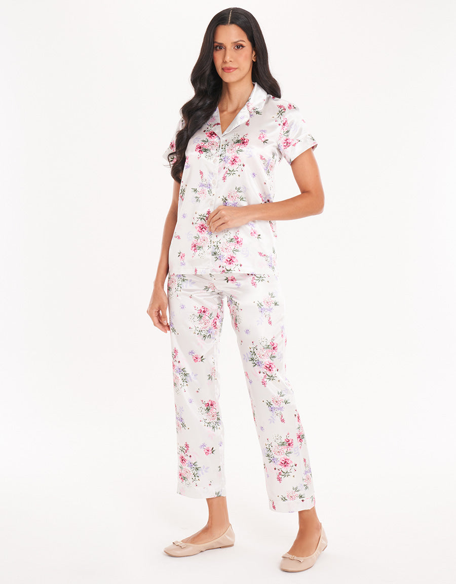 Floral Satin Short-Sleeve Long Pajama Set