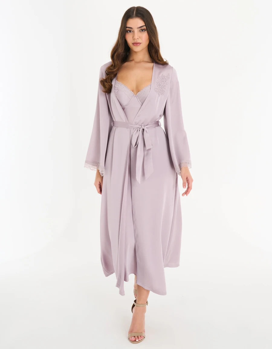 Lace-Trim Satin Long Robe