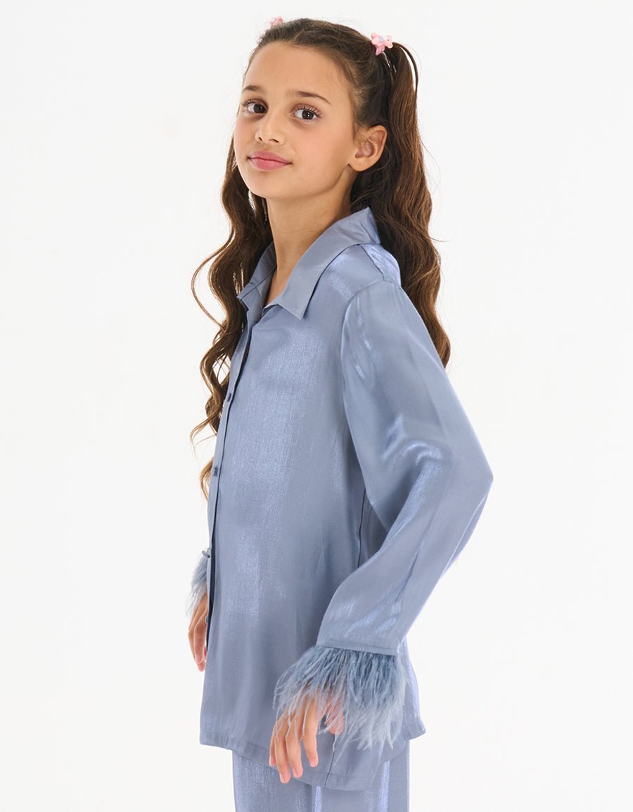 Feather Trim Long Sleeve Pajama Set