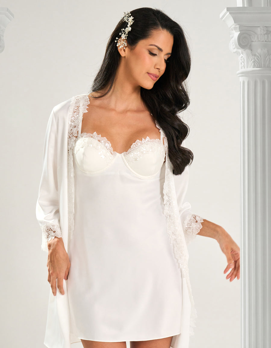 Satin Short Nightdress and Robe in Ivory