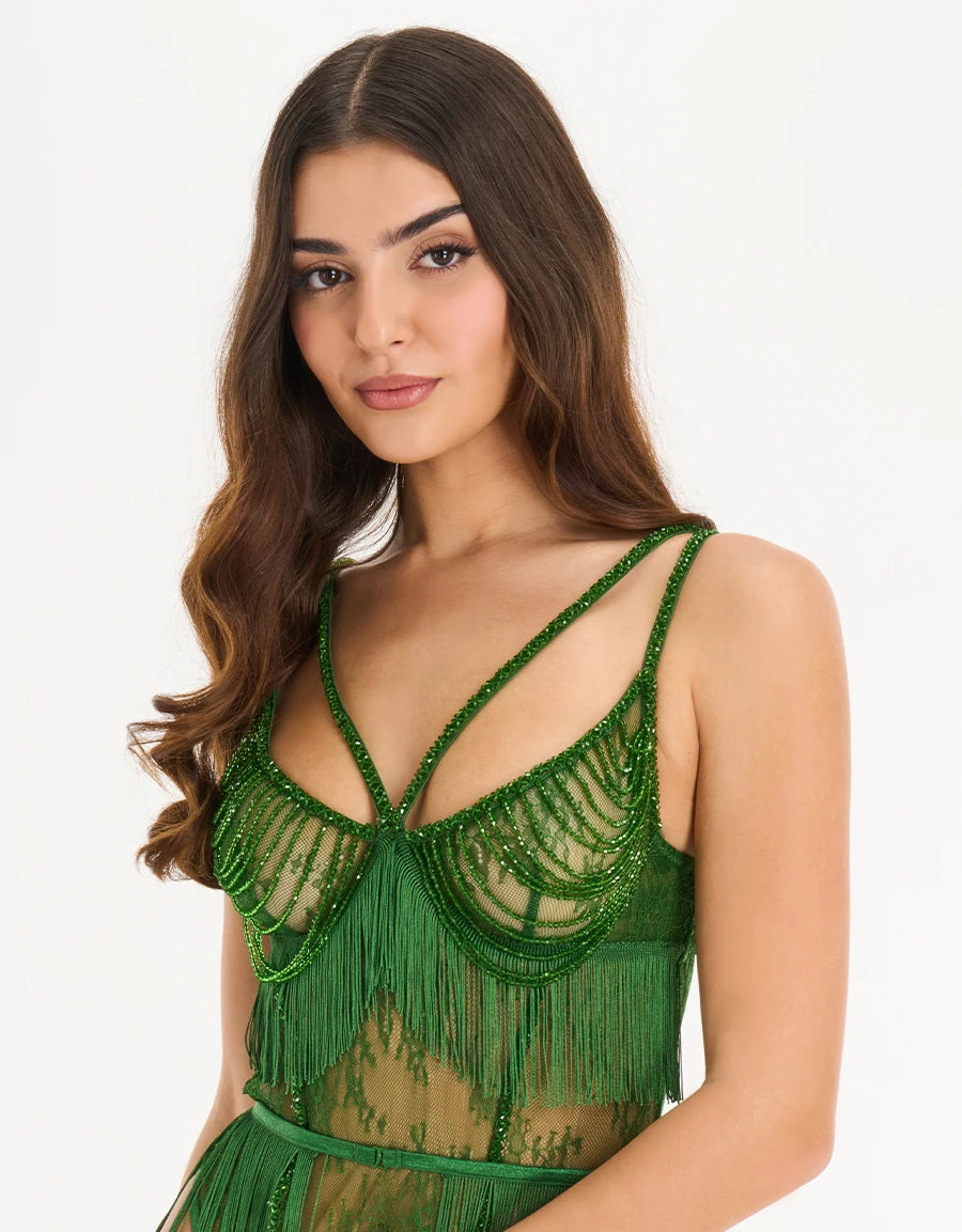 Fringe-Trim Lace Teddy Set