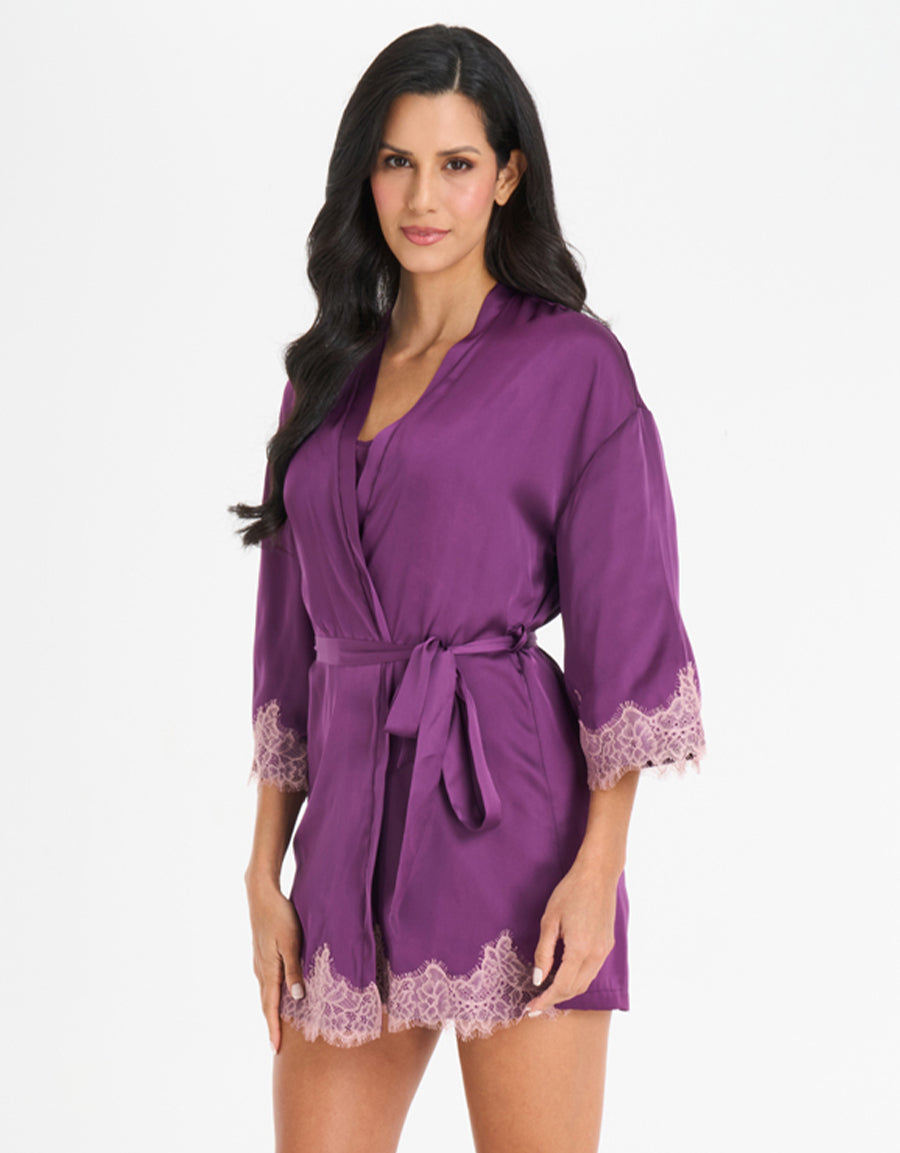 Lace-Trim Satin Short Robe