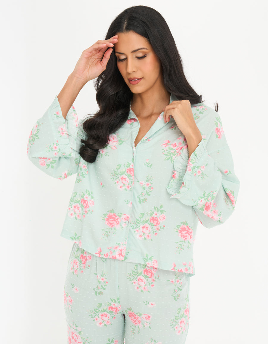 Long-Sleeve Shirt with Pants Pajama Set in Light Green