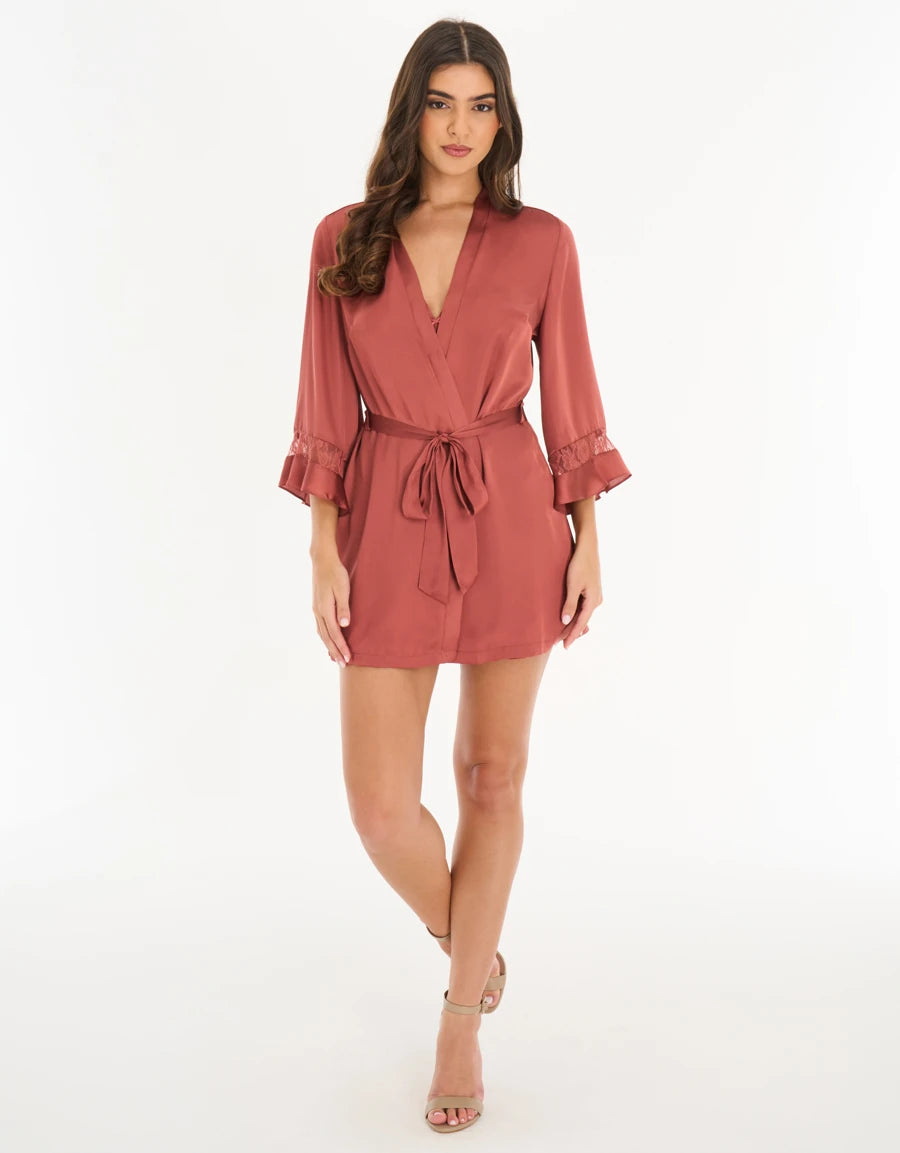 Lace-Trim Satin Short Robe