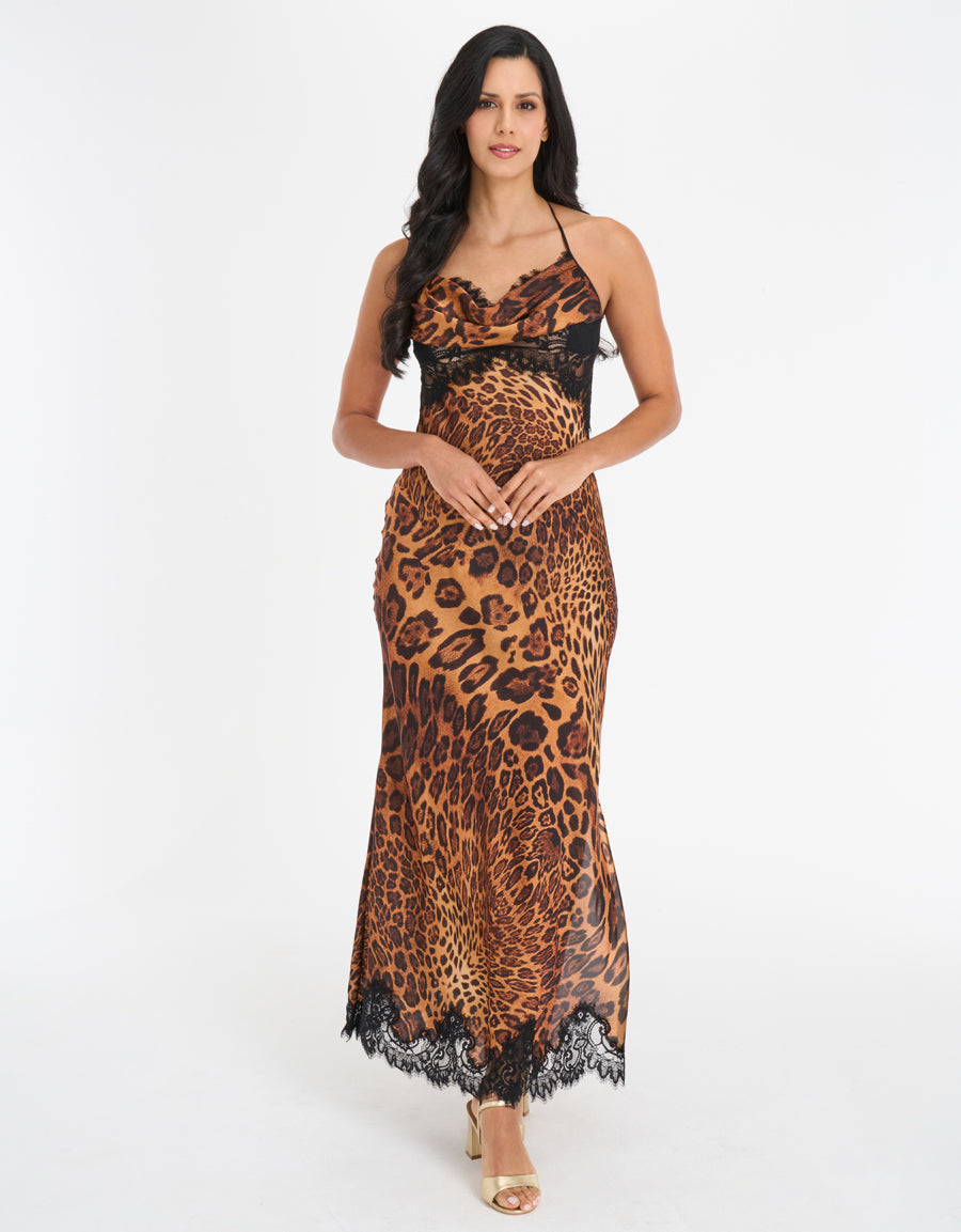 Leopard Print Lace-Trim Satin Long Dress