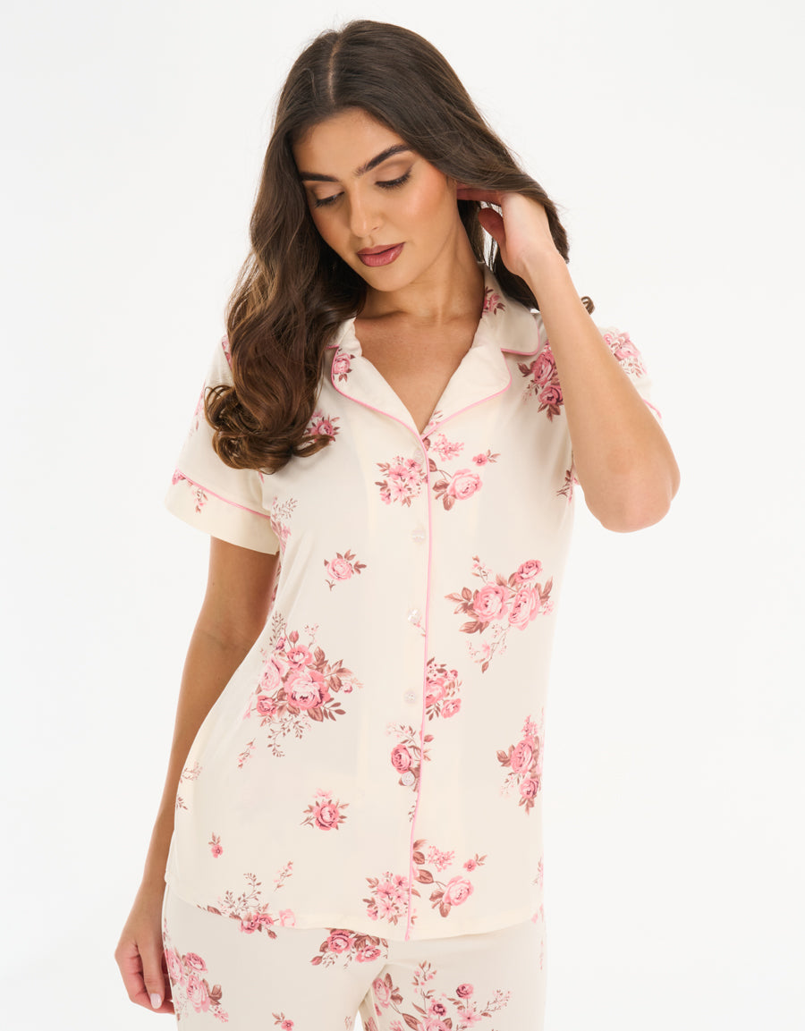 Jersey Short-Sleeve Shirt with Pants Pajama Set in Cream