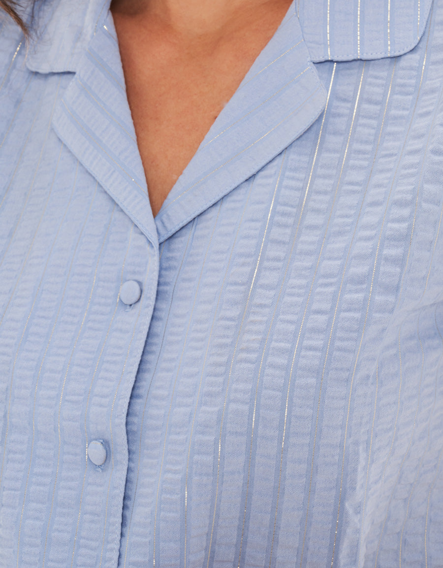 Blue Stripe Short-Sleeve Long Pajama Set