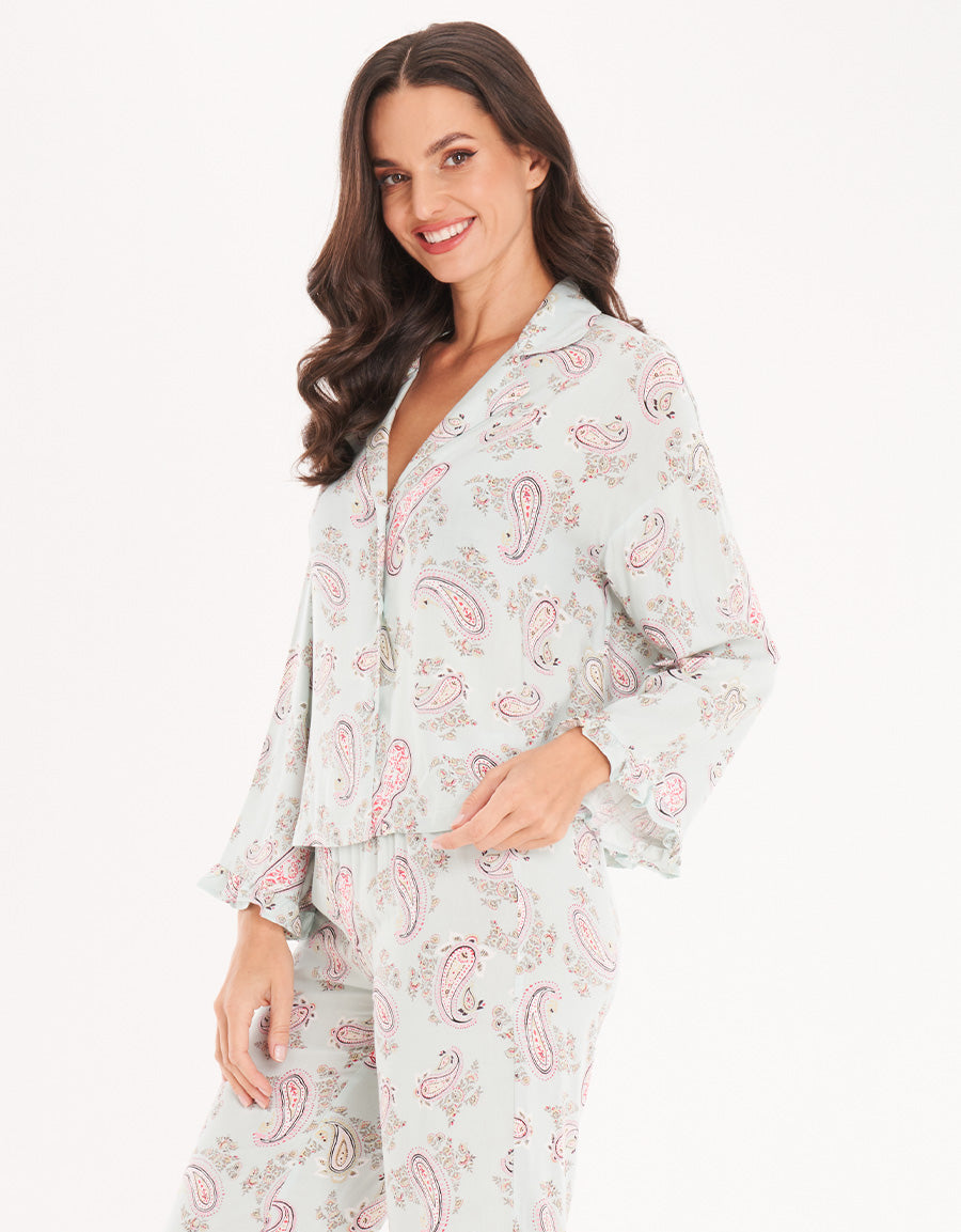 Sage Green Short-Sleeve Long Pajama Set