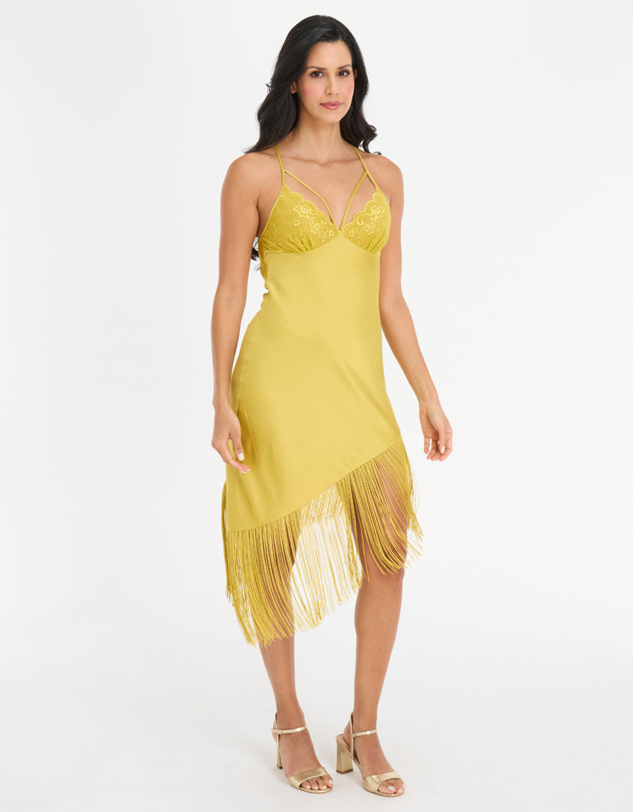 Fringed Satin Long Dress