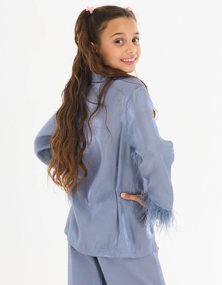 Feather Trim Long Sleeve Pajama Set