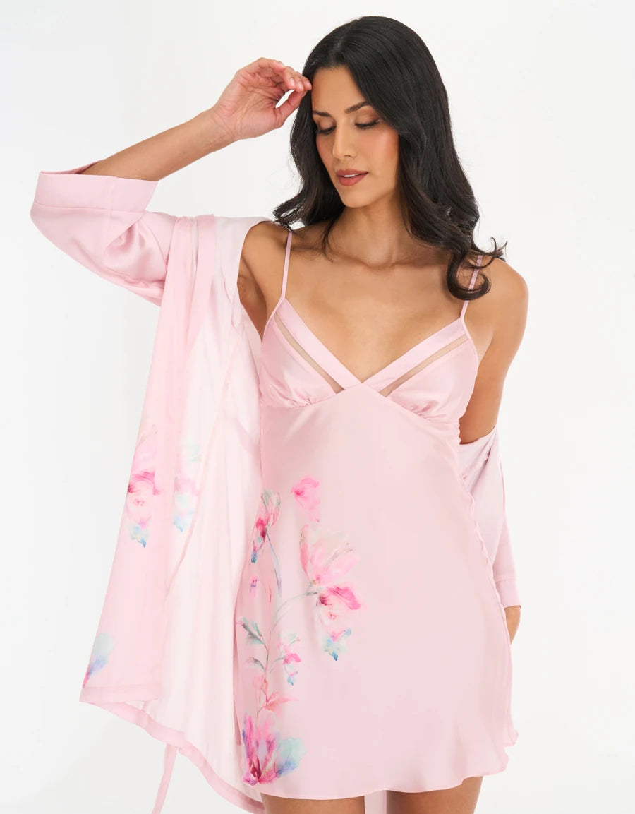 Floral Print Satin Short Dress Set