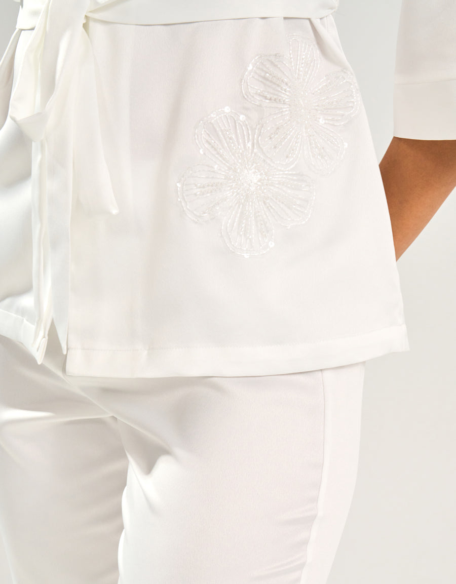 Satin Midi-Sleeve Shirt with Pants Pajama Set in Ivory