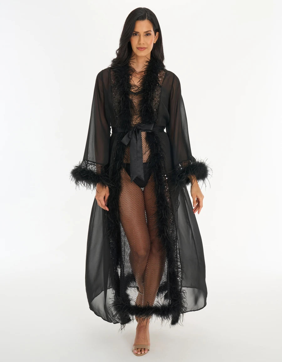 Feather-Trim Chiffon Long Robe