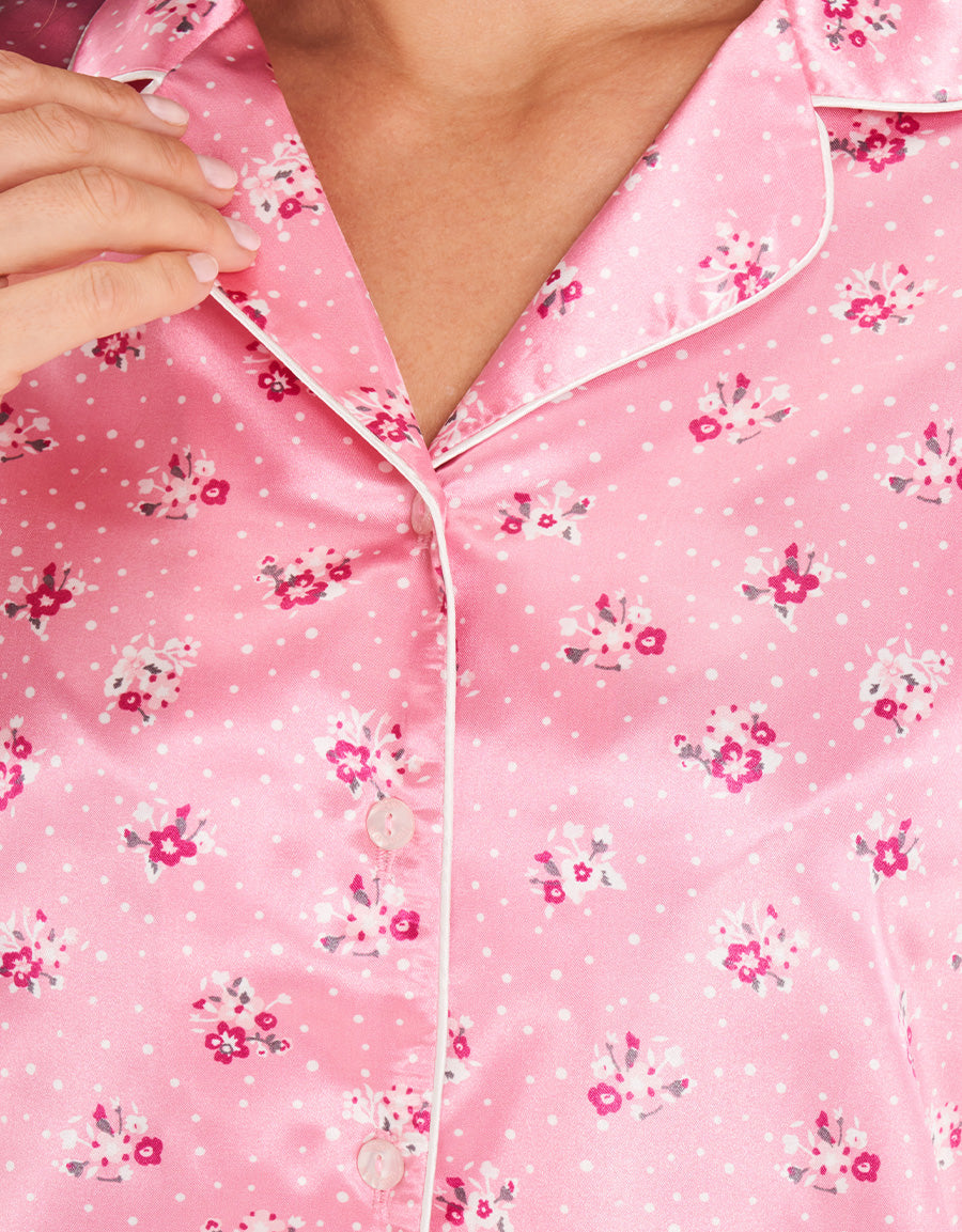 Pink Floral Short-Sleeve Long Pajama Set