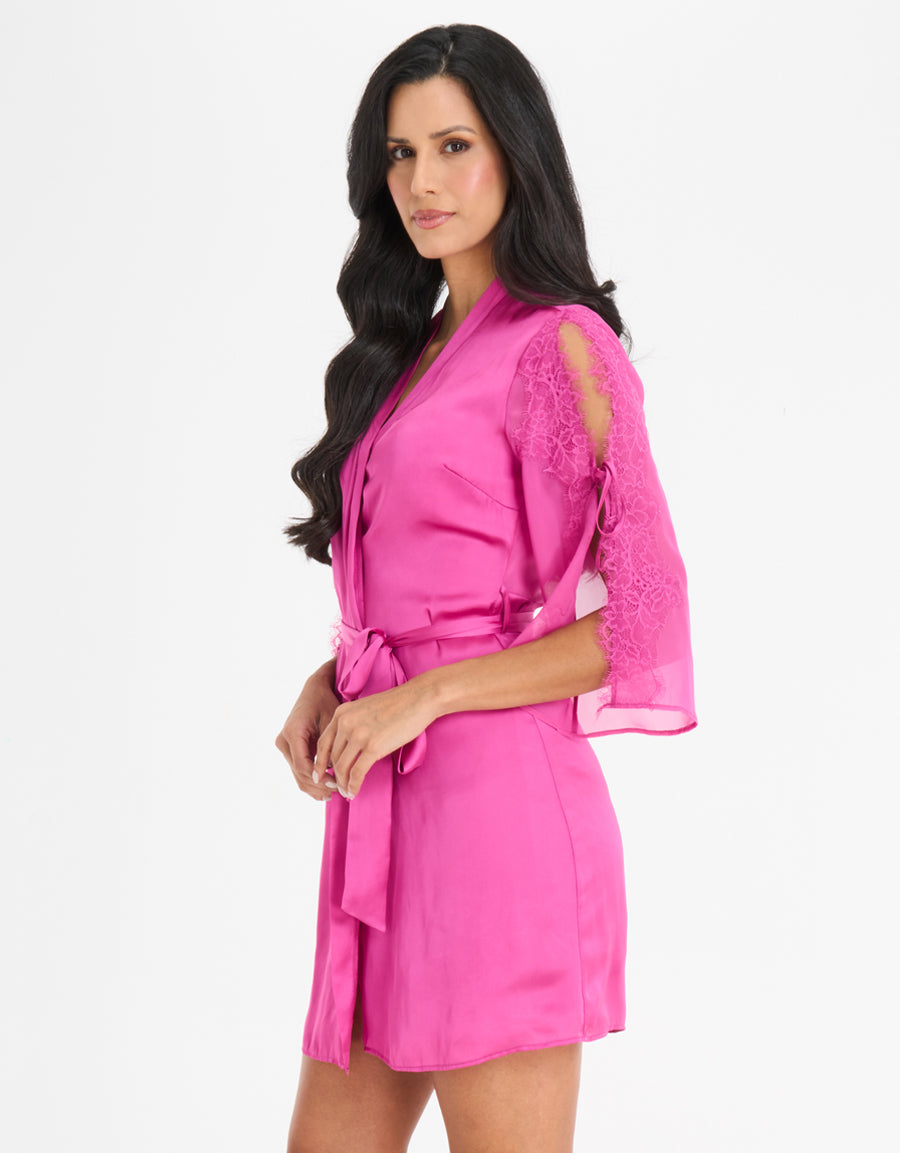 Lace-Trim Satin Short Dress and Robe Set