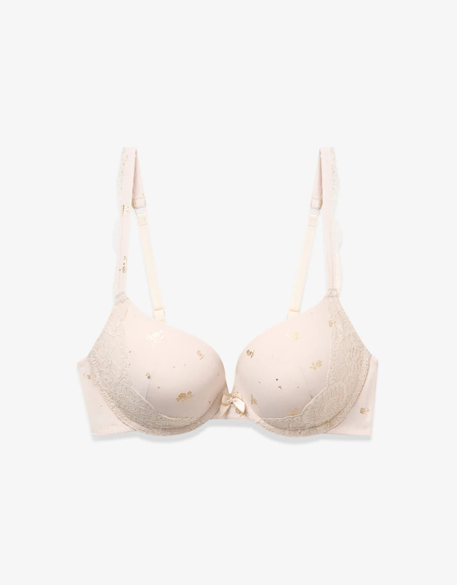 Lace-Trim Floral Print Bridal Plunge Bra