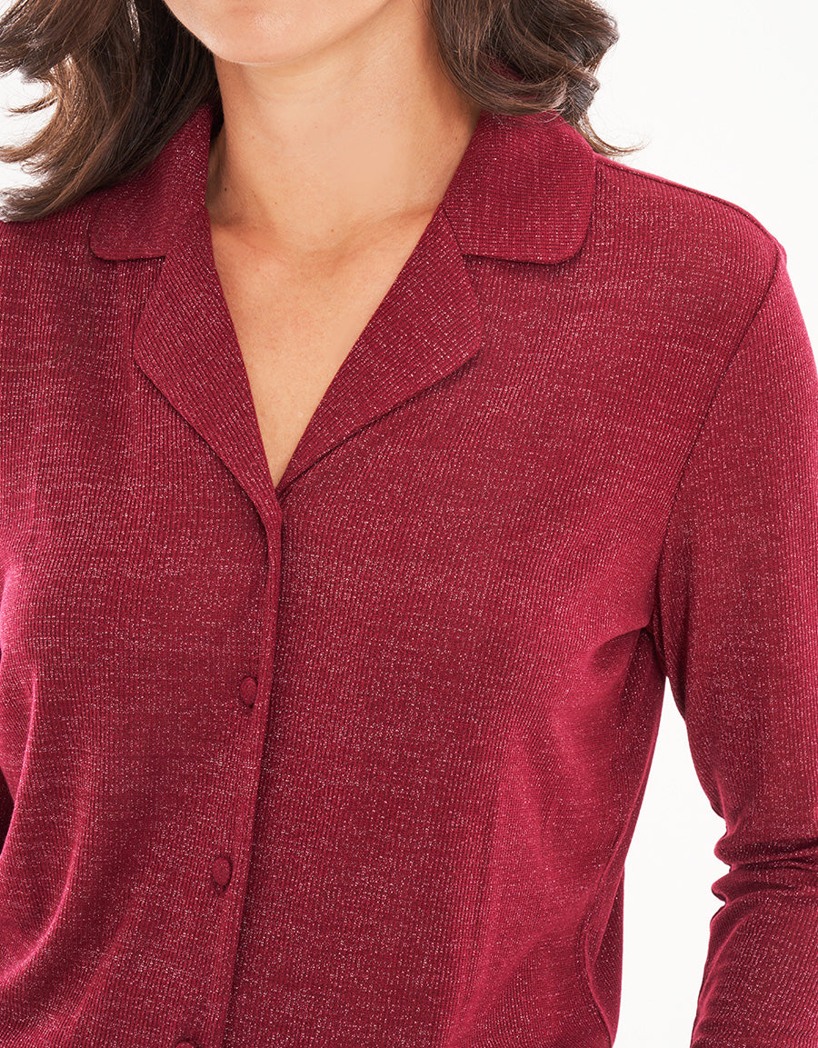Burgundy Woven Short-Sleeve Long Pajama Set