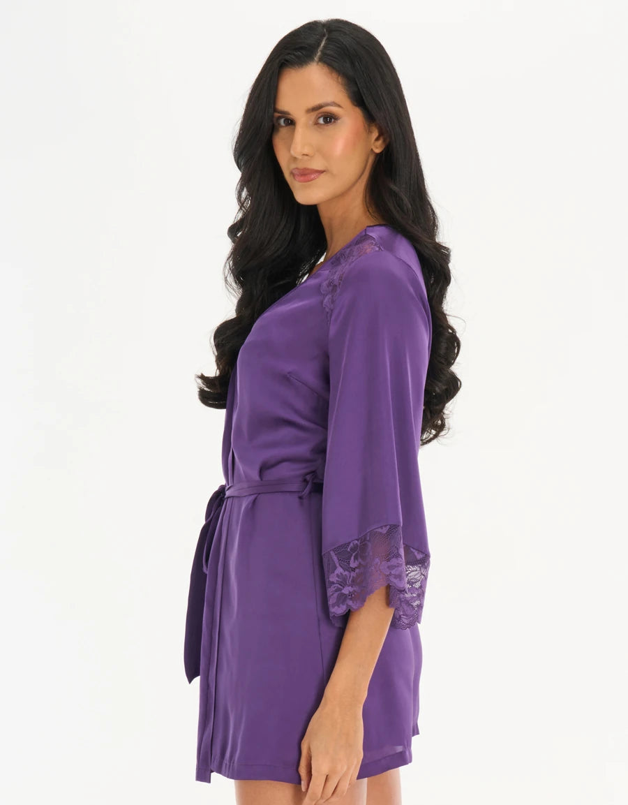 Lace-Trim Satin Short Robe