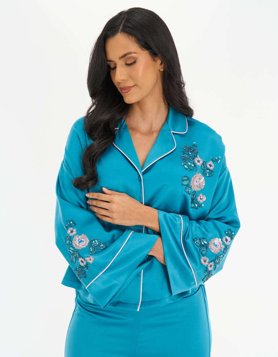 Satin Midi-Sleeve Shirt with Pants Pajama Set in Blue
