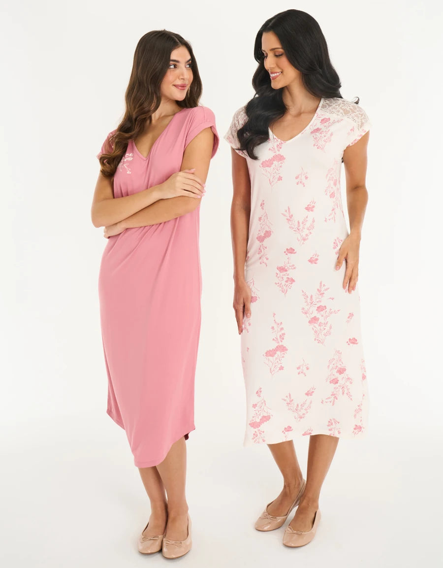 2-Pack Lace-Trim Floral Print Nightdresses