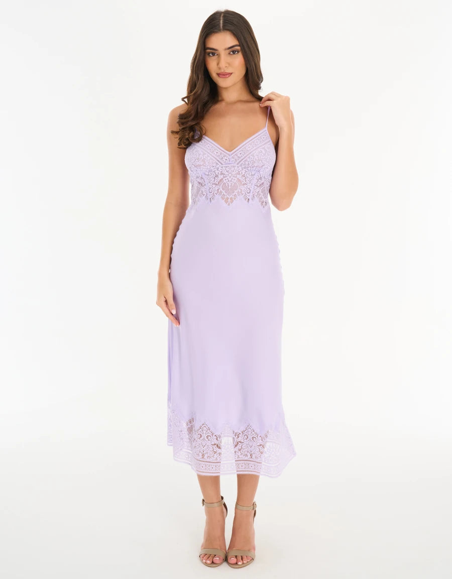 Lace-Trim Satin Long Nightdress