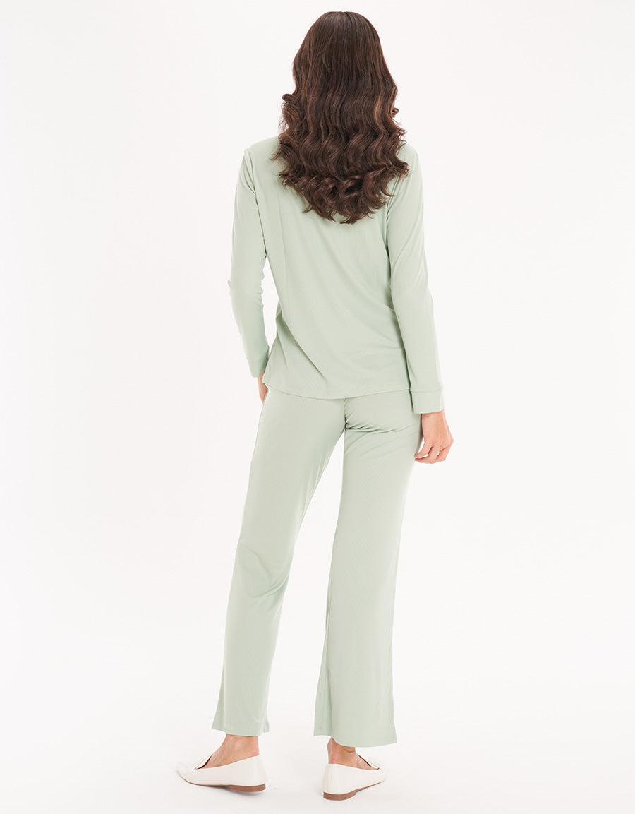 Light Green Woven Short-Sleeve Long Pajama Set