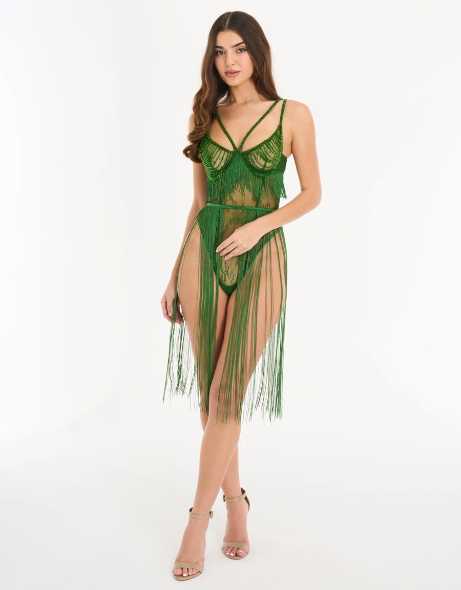 Fringe-Trim Lace Teddy Set