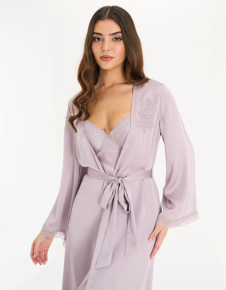 Lace-Trim Satin Long Robe