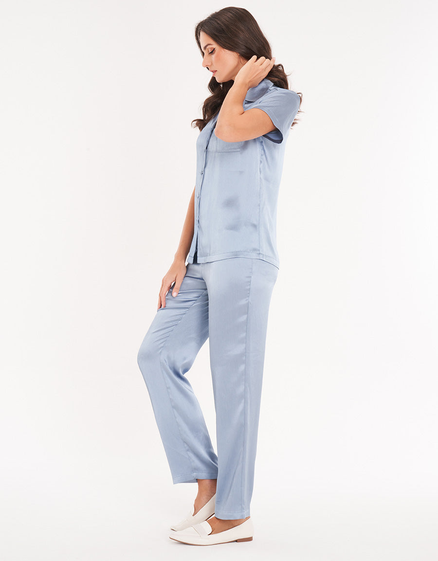 Blue Satin Short-Sleeve Long Pink Pajama Set