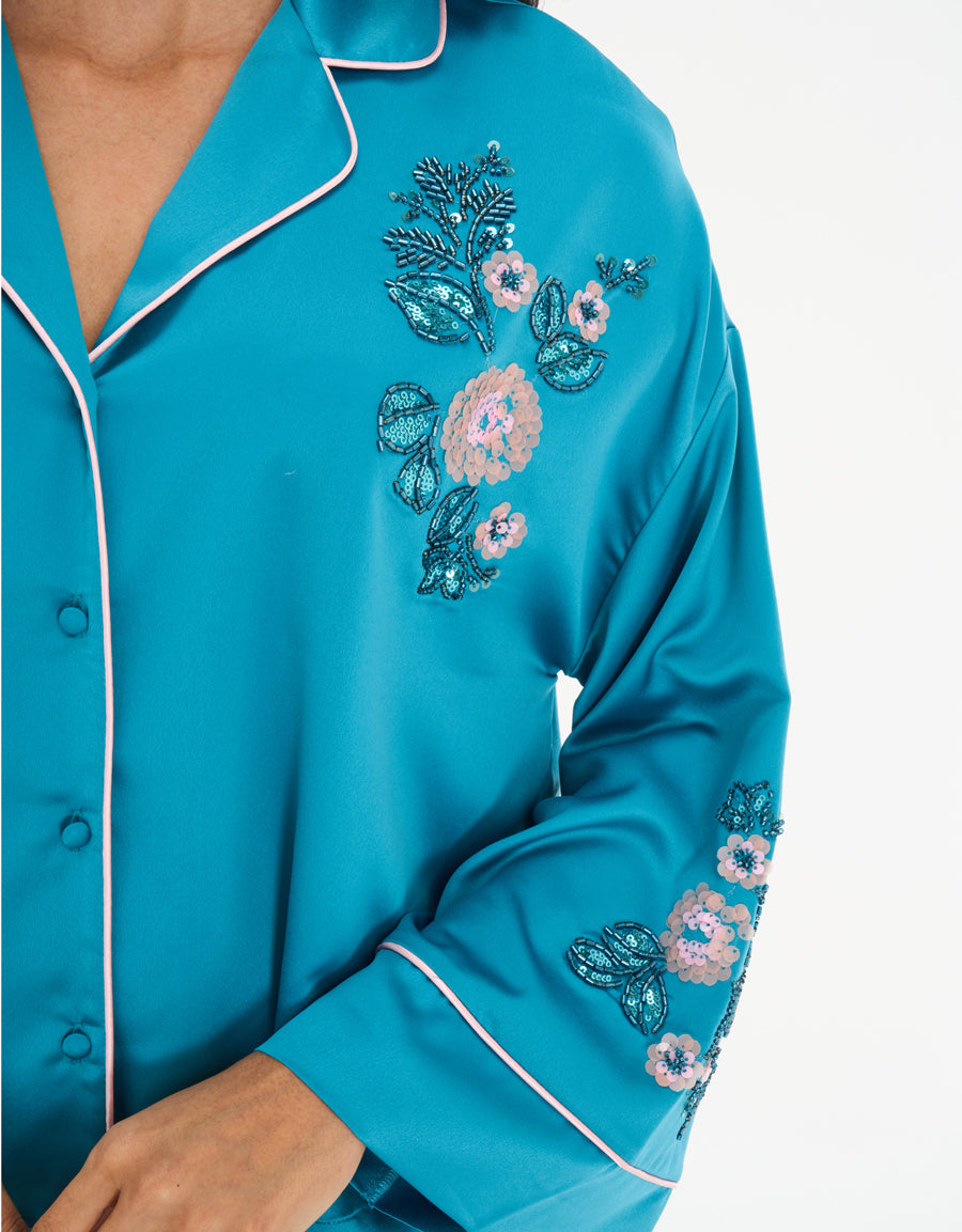 Satin Midi-Sleeve Shirt with Pants Pajama Set in Blue