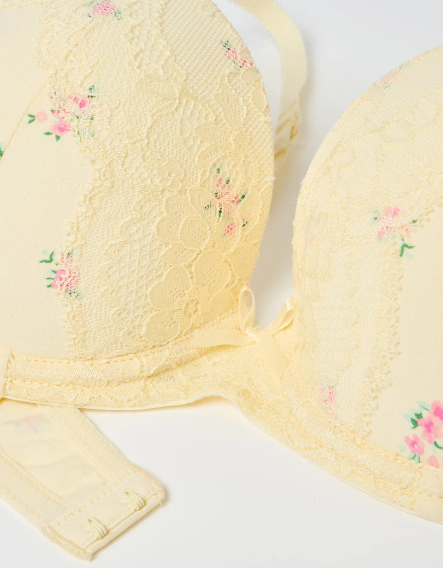 Lace-Trim Floral Print Plunge Bra