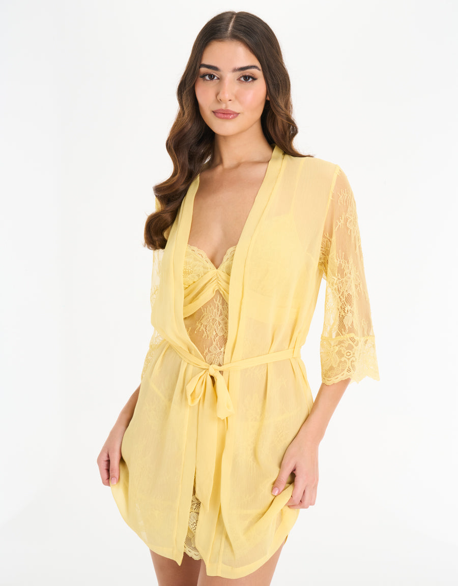 Chiffon Short Nightdress and Robe in Yellow