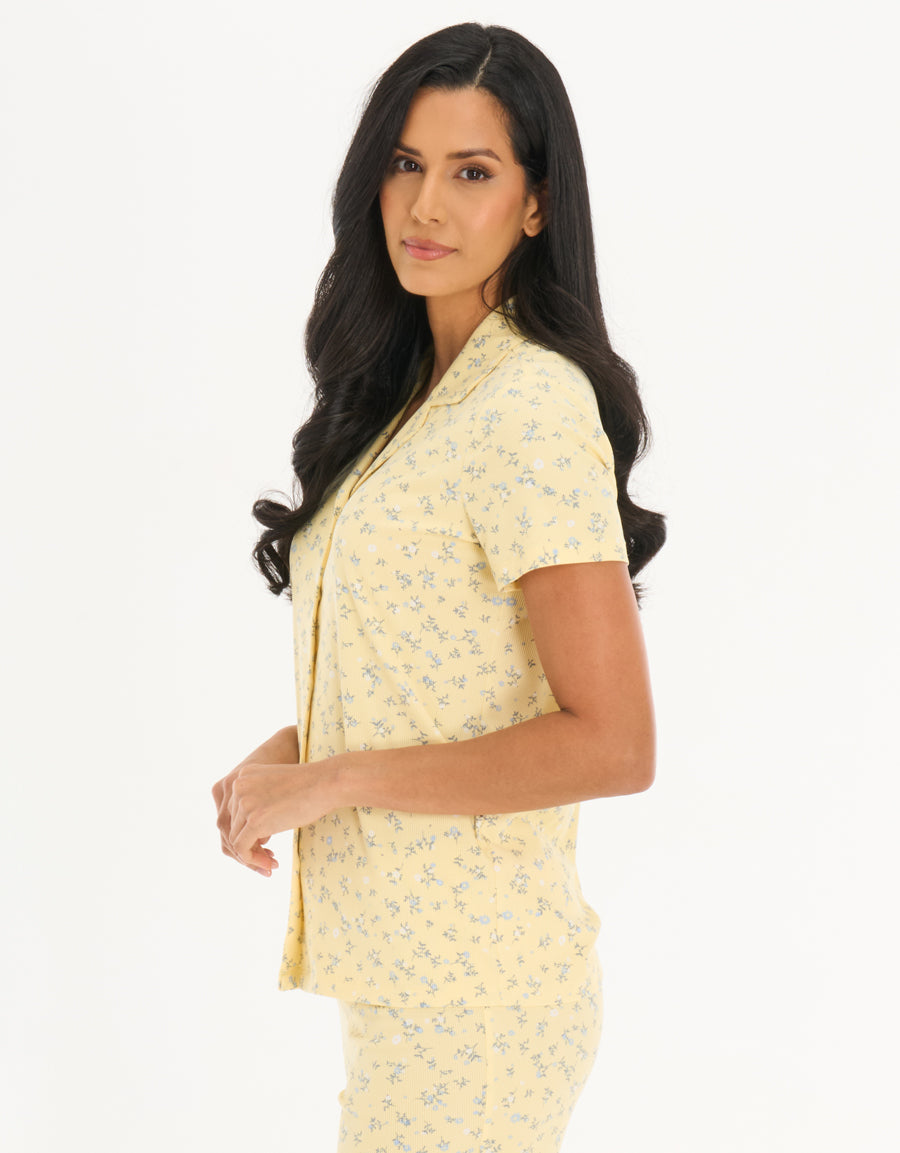 Ribbed Short-Sleeve Shirt with Pants Pajama Set Mother in Light Yellow