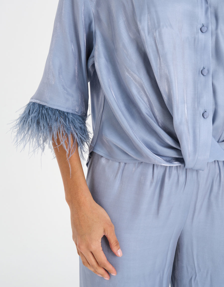 Feather-Trim Satin Pajama Set