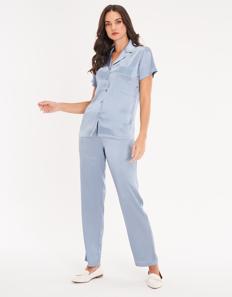 Blue Satin Short-Sleeve Long Pink Pajama Set