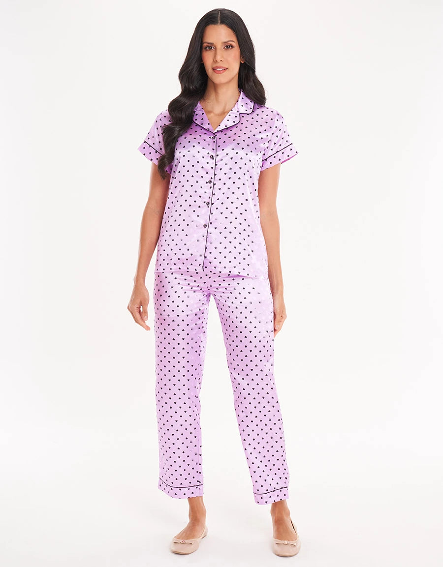 Heart Print Satin Pajama Set